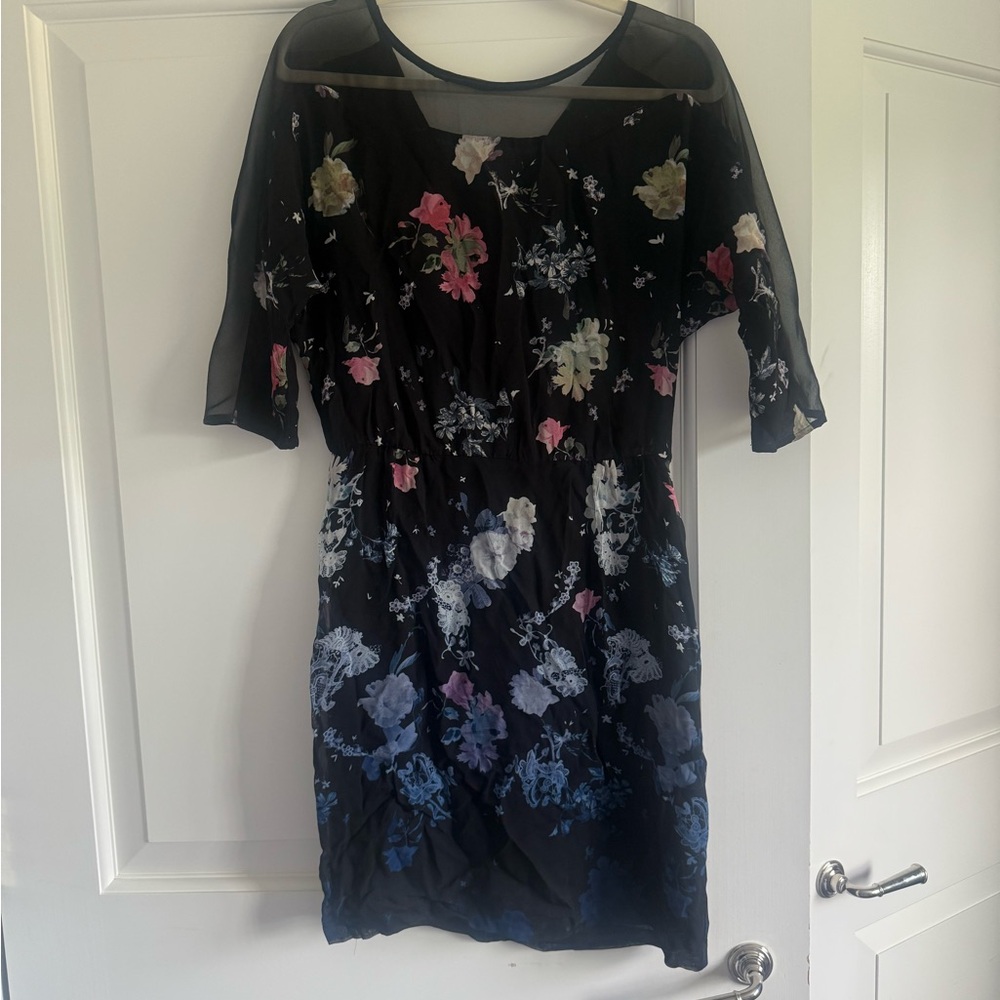French Connection Blue Sheath Dress 3/4 Sleeve Crew Neck